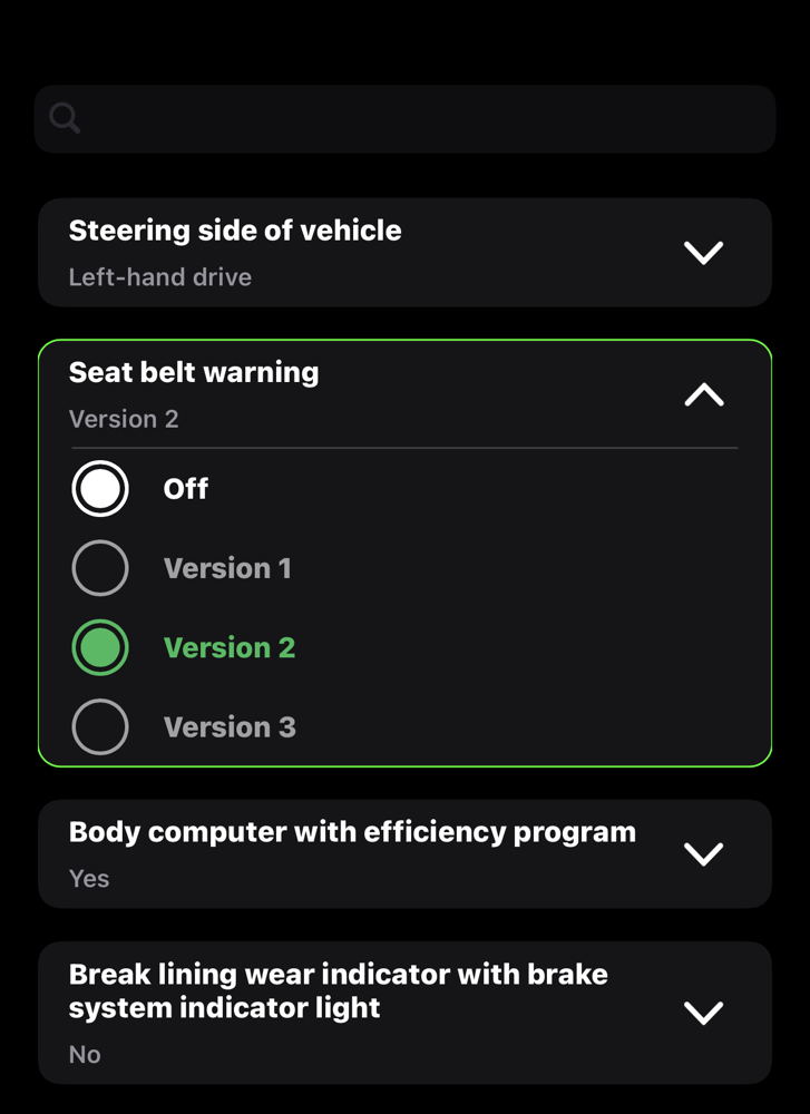 Seat belt warning adaptation screenshot