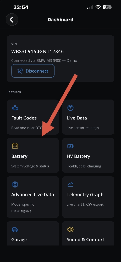 DiagBimmer Dashboard with the Battery tile