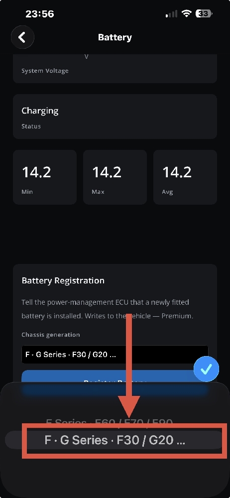 Selecting F and G Series as chassis generation for BMW battery registration