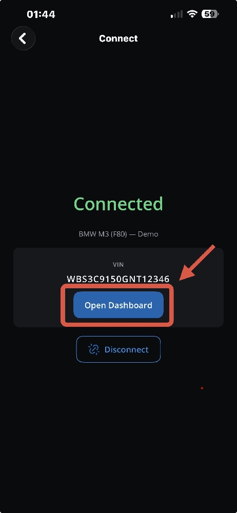 DiagBimmer BMW VIN ve Dashboard Açma Ekranı