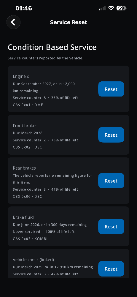 BMW Condition Based Service Reset Screen in DiagBimmer