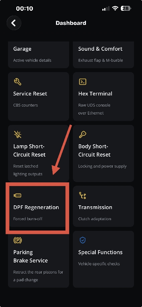 DiagBimmer Dashboard DPF Rejenerasyon Menüsü