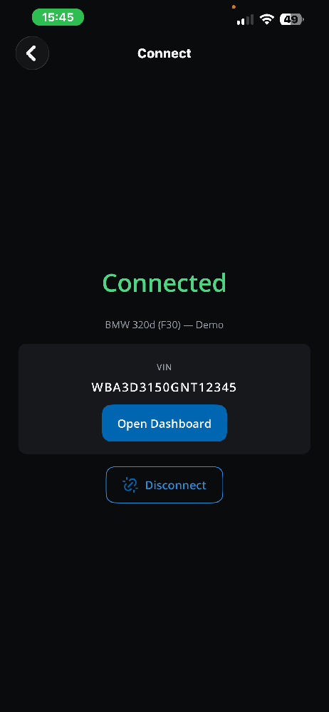 DiagBimmer Connected Status and VIN