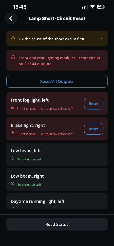 Lamp Short-Circuit Detected Faults