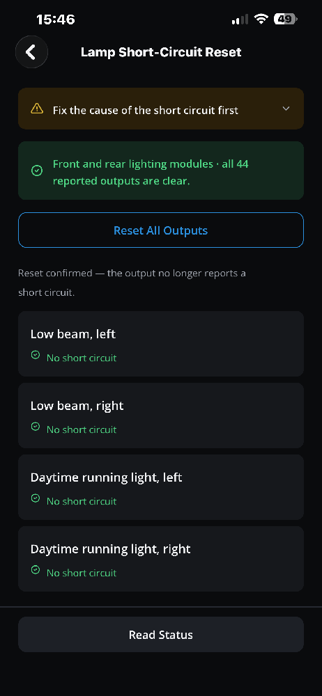 Lamp Short-Circuit Reset Successful Clear