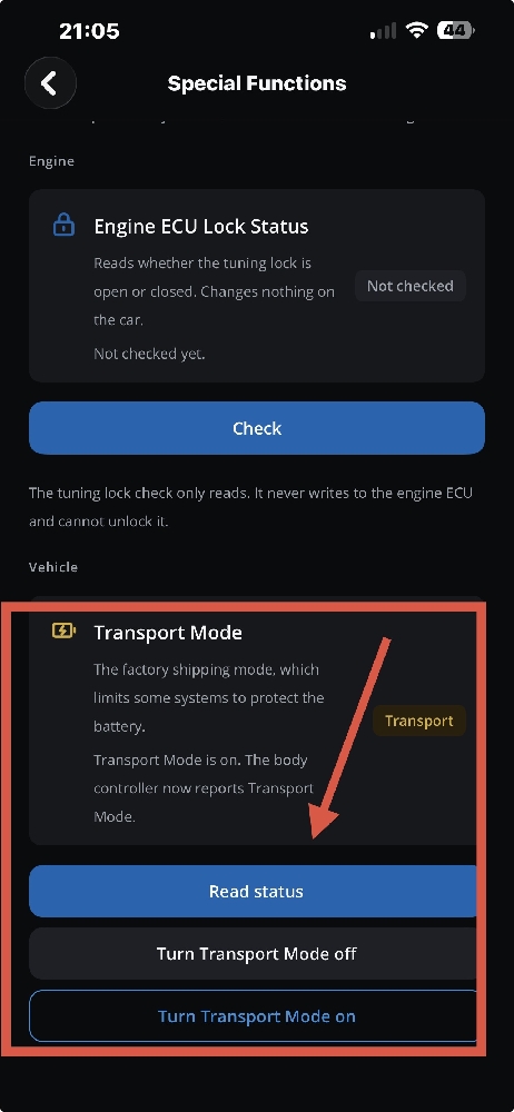 DiagBimmer Transport Mode card showing Transport after turning Transport Mode on