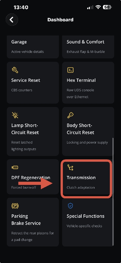 Select Transmission Clutch Adaptation Menu in DiagBimmer